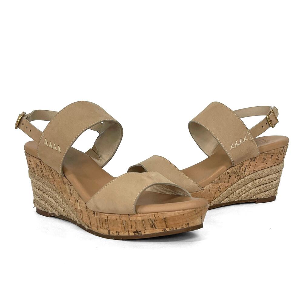 Ugg Elena Wedge Sandals Sz 8.5 Horchata Beige Nubuck Leather 3" Jute Cork Heel